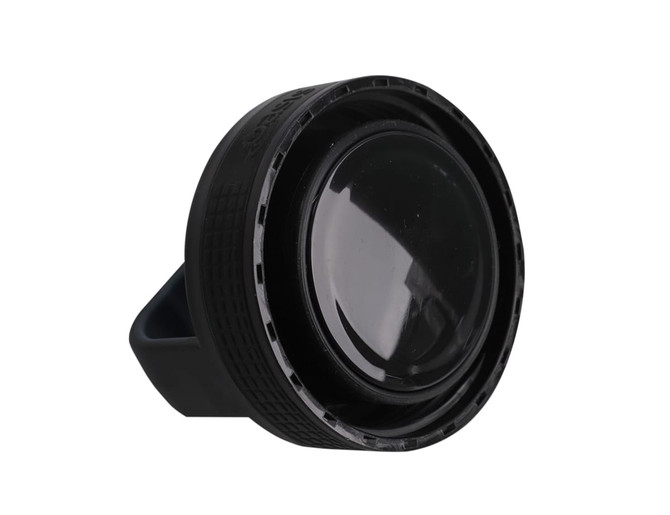 A drink bottle cap in black plastic with a smooth, rounded top and a textured grip around the edge.