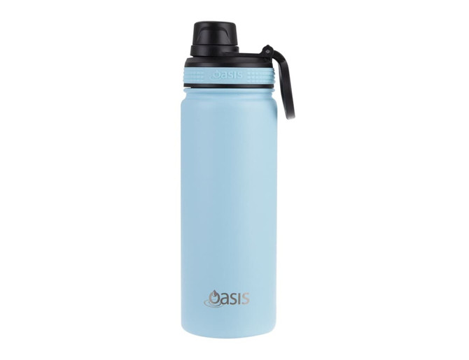A drink bottle in light blue with a black screw cap and a carrying handle, featuring a logo.