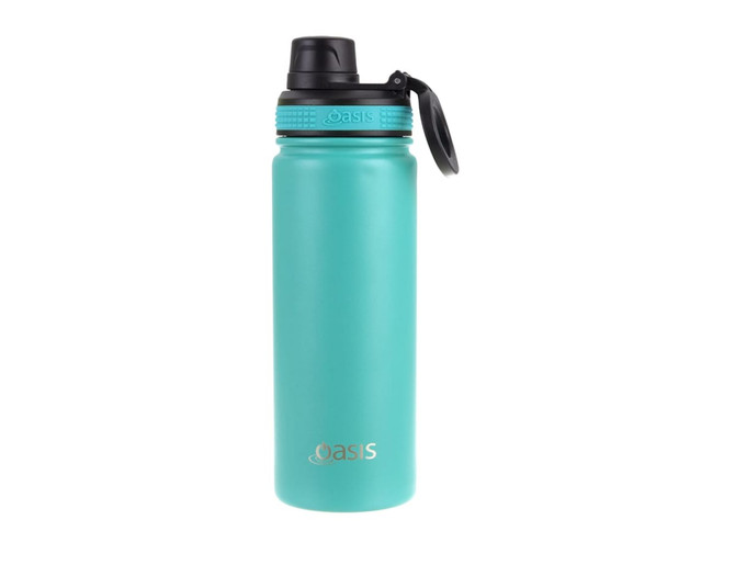 A drink bottle in teal with a screw cap lid and a logo, designed for sports use.
