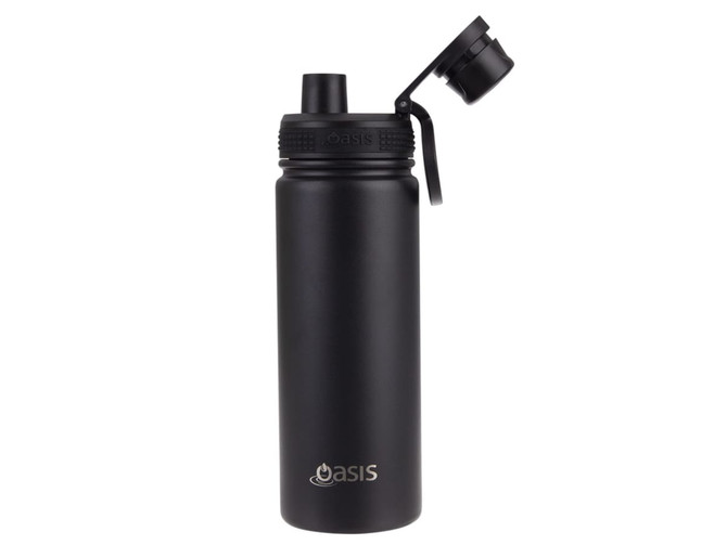 A drink bottle in matte black with a screw cap and a removable lid featuring a logo.