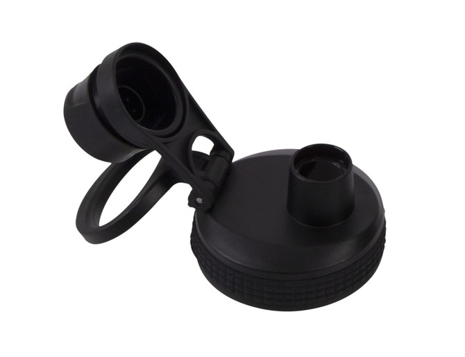 A drink bottle cap and spout in black, featuring a screw cap design and a handle for easy carrying.
