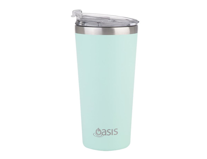 A drink bottle with a mint green exterior and stainless steel lid, featuring a logo on the front.