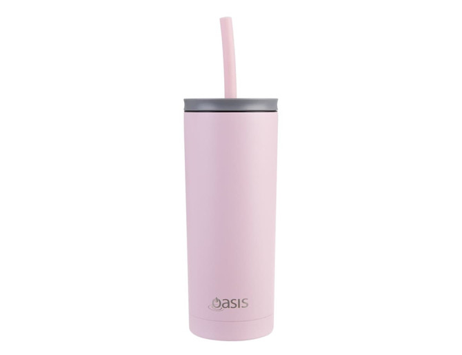 A drink bottle in pastel pink with a straw and a grey lid, featuring a logo on the base.