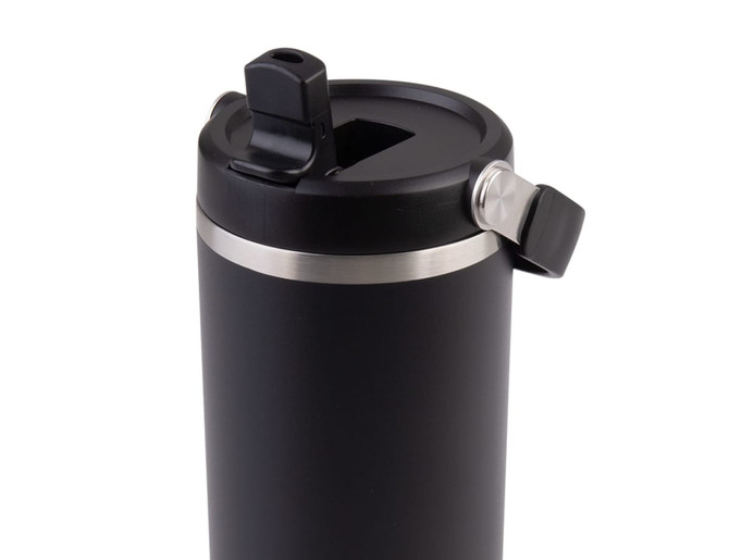 A drink bottle with a sleek black finish, featuring a metal rim and a flip-top lid. It has a logo on the side.