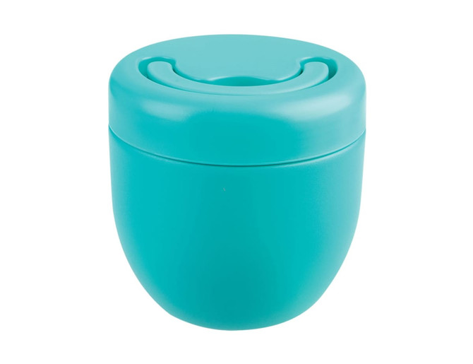 A drink bottle featuring a turquoise design with a rounded shape and a lid, complete with a logo.