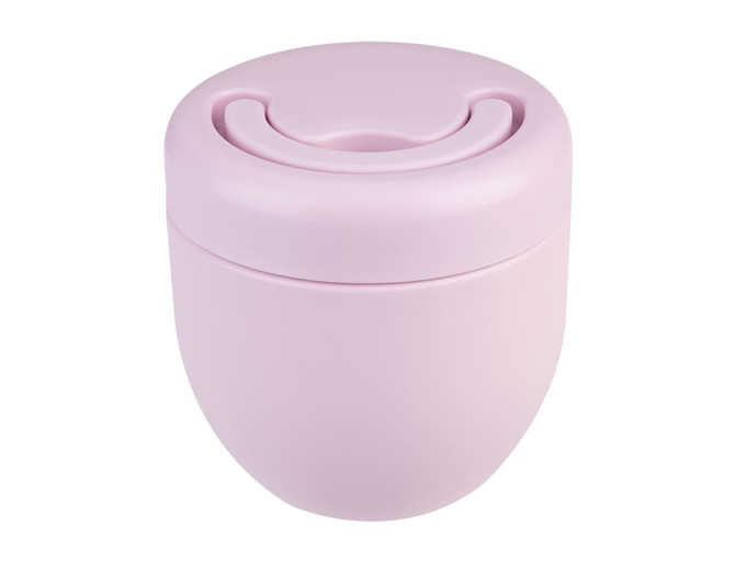A vacuum food pod in soft pink with a lid featuring a curved opening and a smooth surface. It has a logo on it.