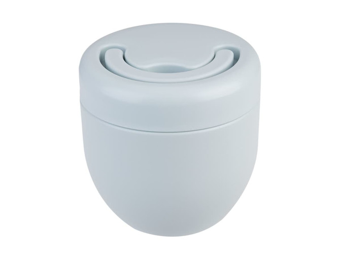 A vacuum food pod in light blue, featuring a smooth, rounded design and a lid with a circular opening.