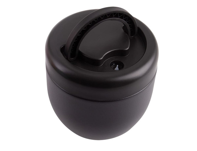 A vacuum food pod in matte black with a handle and a secure lid, featuring a logo.