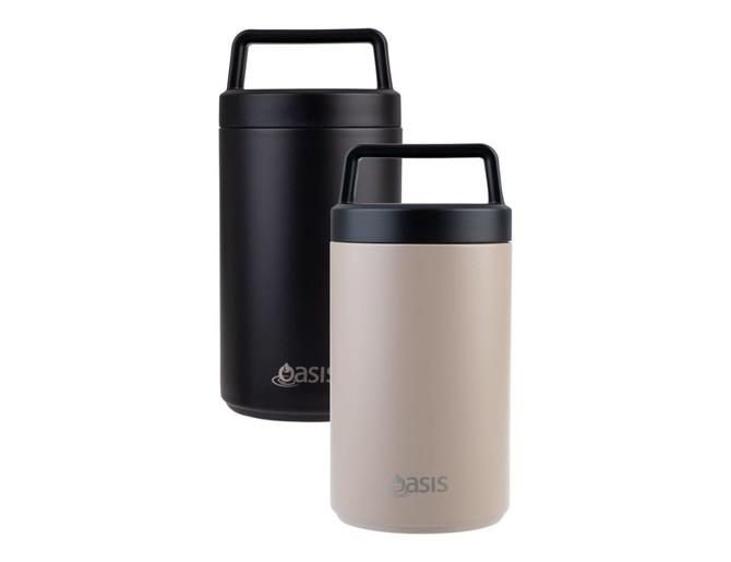 A drink bottle featuring a vacuum food flask in black and light beige, with a spoon and a handle. It has a logo.