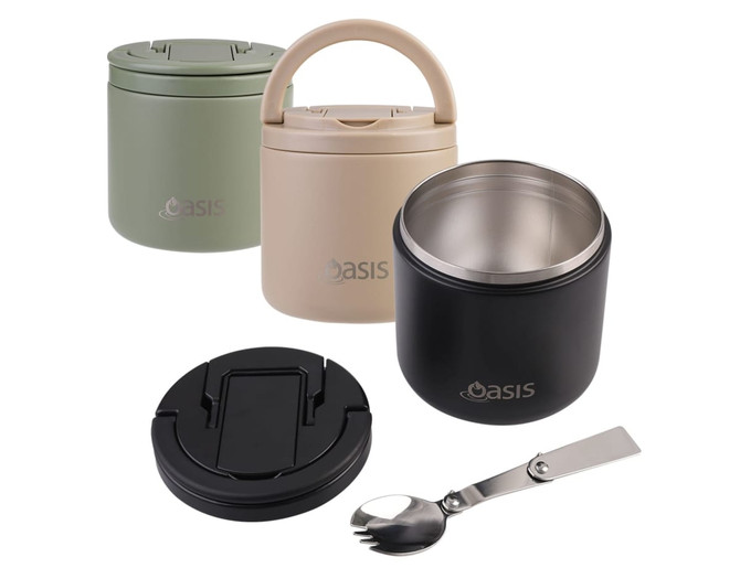 A drink bottle set featuring a green, beige, and black vacuum food flask, with a spork included and a logo.