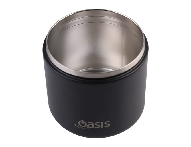 A vacuum food flask in matte black with a stainless steel interior and a logo. A spork is included with the product.