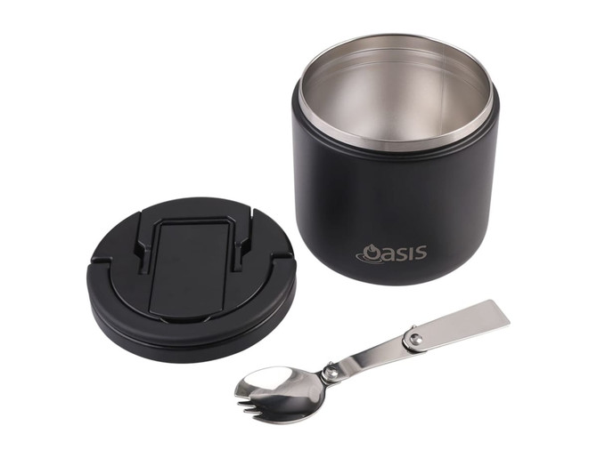 A vacuum food flask in matte black with a stainless steel interior and a metal spork included. It features a branding logo.