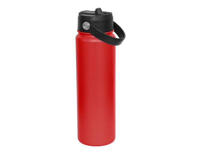 A drink bottle in vibrant red with a black spout and handle, featuring a sleek design and a logo.