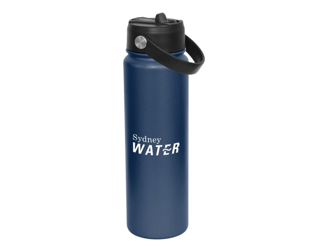 A drink bottle in navy blue with a black spout lid and carrying handle, featuring a logo.