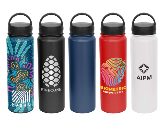 A collection of five vacuum carry lid bottles in various colours: blue, black, red, white, and a patterned design. Each has a logo.