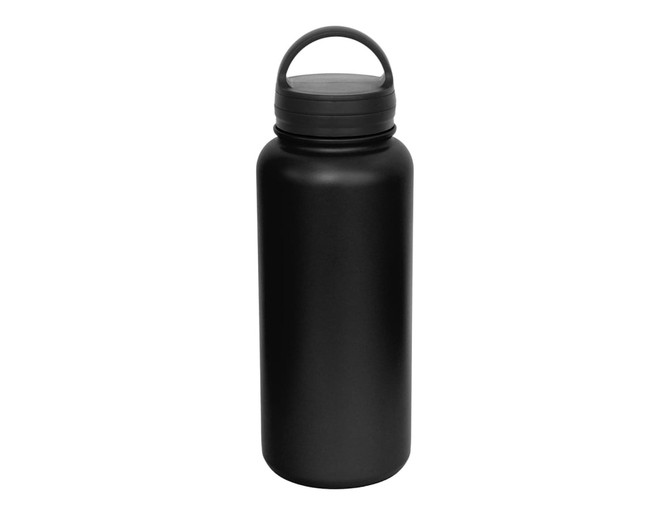 A drink bottle in matte black, featuring a screw-on lid and a carrying handle. It has a logo on its body.