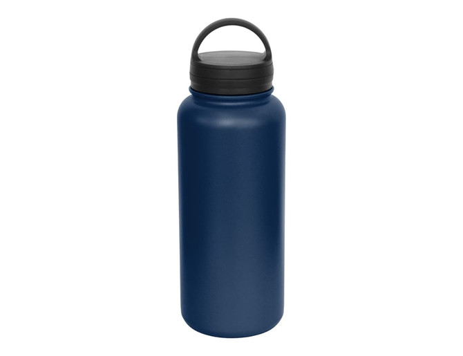 A drink bottle with a vacuum carry lid, featuring a matte navy blue finish and a black lid.
