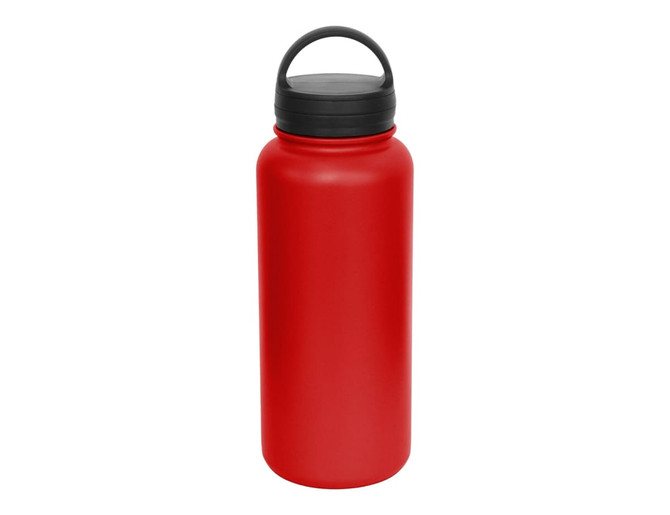 A drink bottle in vibrant red with a black carry lid and handle, featuring a simple design.