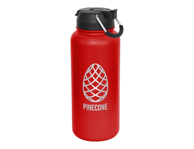 A drink bottle in vibrant red with a black lid and a logo featuring a pinecone design.