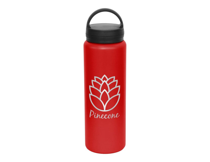 A drink bottle in red with a black carry lid and a logo featuring a floral design.