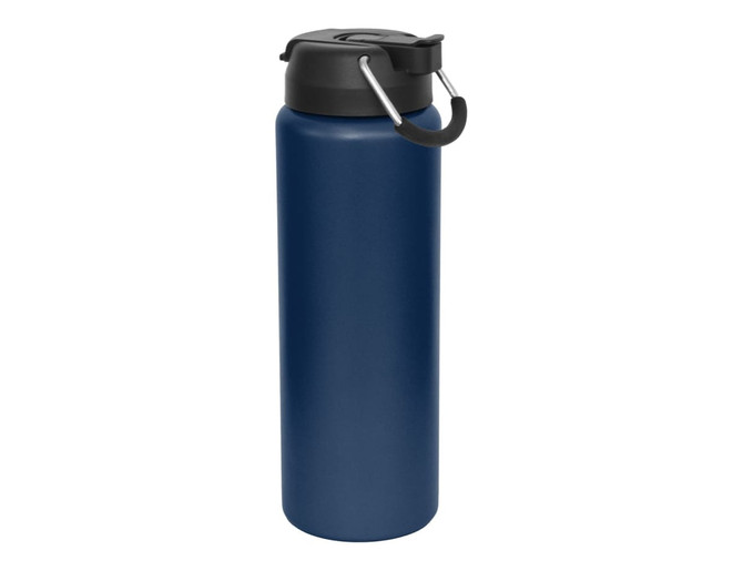 A drink bottle in navy blue with a black lid and carrying handle, featuring a logo on the front.