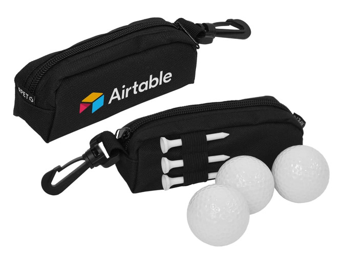 A black pouch with a logo, containing three golf balls and three white tees.