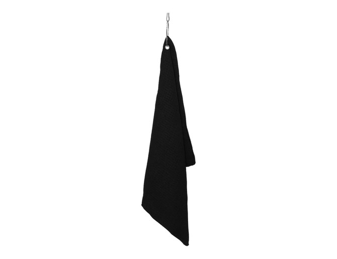 A black golf towel hanging on a clip, featuring a textured surface and a branding logo.