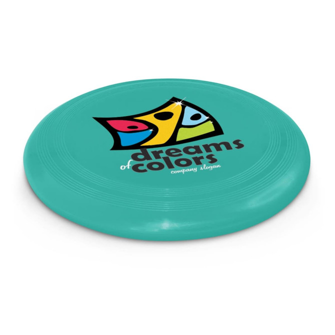 A large teal frisbee with a colorful logo featuring the text "dreams of colors" and the tagline "company slogan."