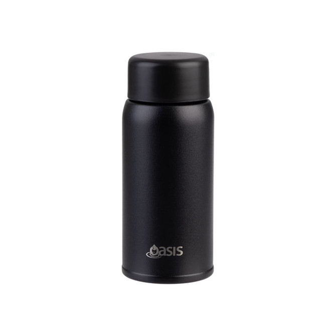 A drink bottle in matte black with a cylindrical design and a screw-on lid, featuring a logo.