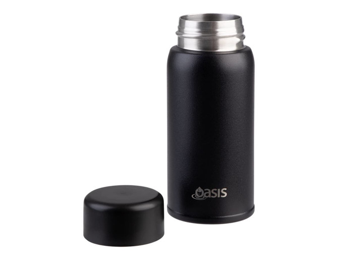 A drink bottle in matte black with a stainless steel interior and removable lid, featuring a logo.