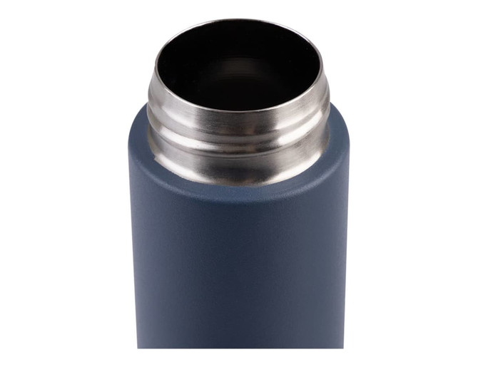 A drink bottle in a dark blue colour with a stainless steel opening and a matte finish. It features a logo.