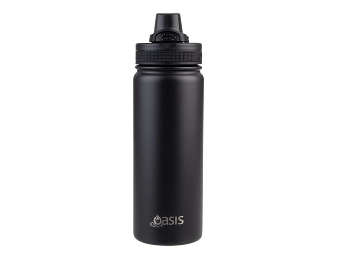 A drink bottle with a sleek black finish and a quick release cap, featuring a logo on the body.