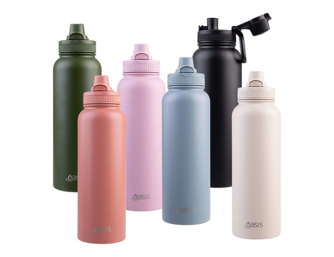 A drink bottle collection featuring green, pink, grey, black, white, and terracotta options, each with a quick release cap.