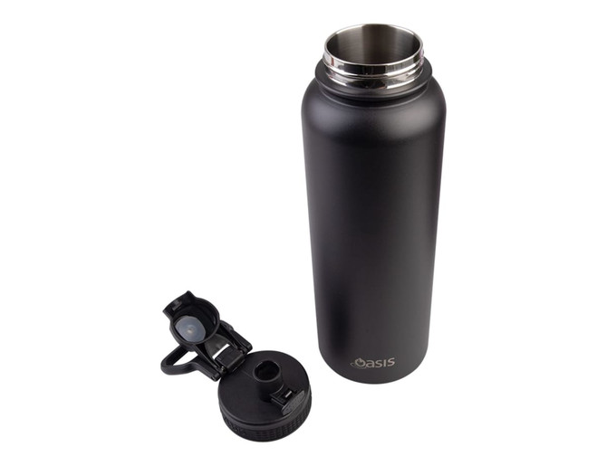A drink bottle in matte black with a stainless steel interior and a quick release cap. Features a logo.