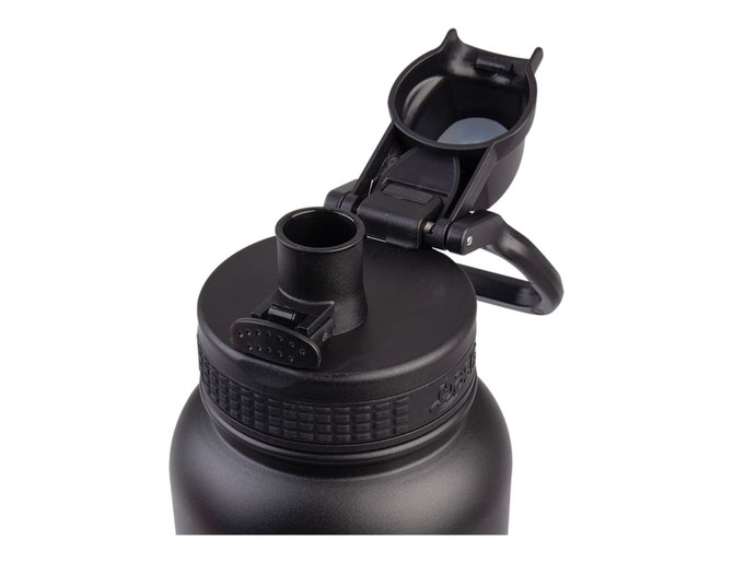 A drink bottle with a black finish features a quick release cap and a handle for easy transport.