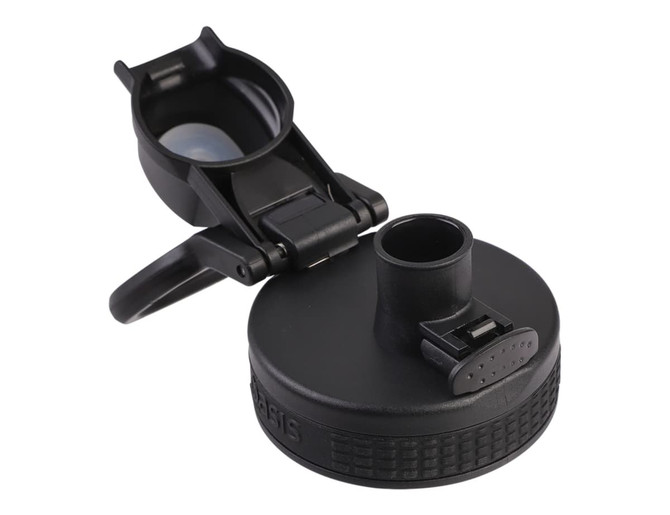 A drink bottle cap in black with a quick release feature, designed for a vacuum-sealed container.