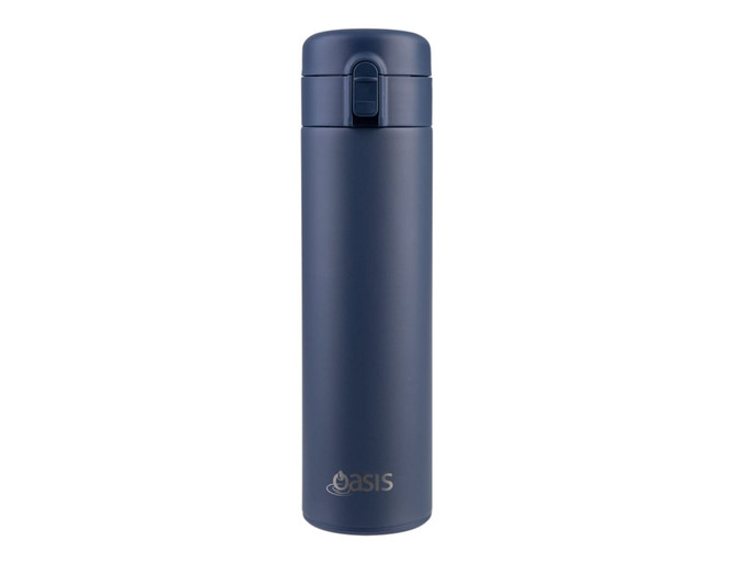 A drink bottle with a sleek navy blue finish and a flip-top lid, featuring a logo on the front.