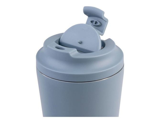 A drink bottle features a light blue ceramic-lined exterior and a flip-top lid with a drinking spout, along with a logo.
