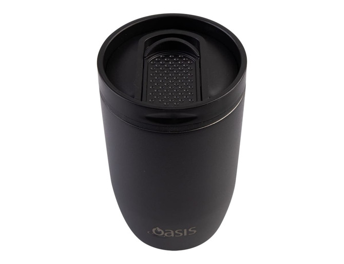 A drink bottle in sleek black, featuring a leakproof lid and a brand logo on the front. Ideal for travel.