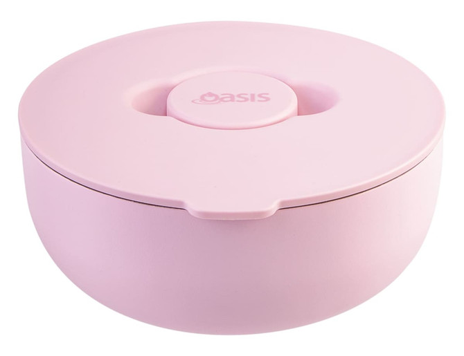 A pink insulated lunch bowl with a lid, featuring a circular design and a logo on the top.