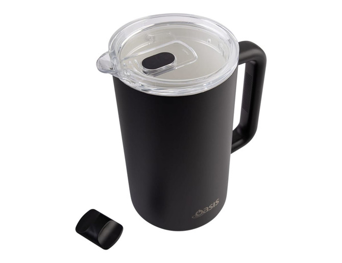 A drink bottle featuring a sleek black ceramic lined design, triple insulated, with a clear lid and handle, plus a lid cap.