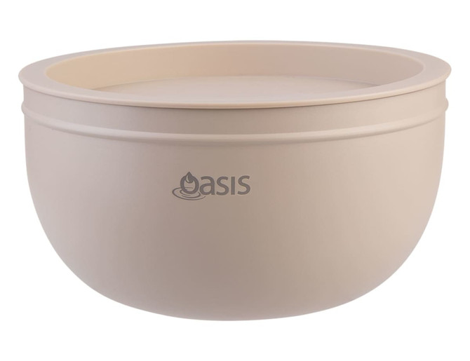 A double wall salad bowl in a light beige colour with a logo. It features a smooth, rounded design.