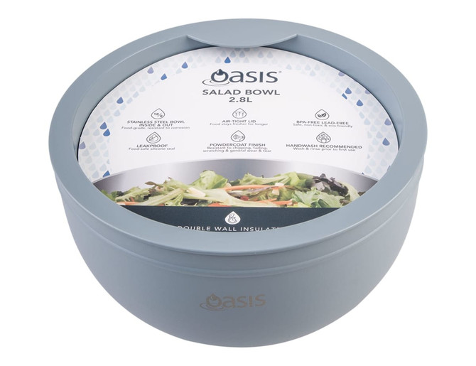 A salad bowl in soft blue with a double wall design and a logo on the front, featuring a fitted lid.