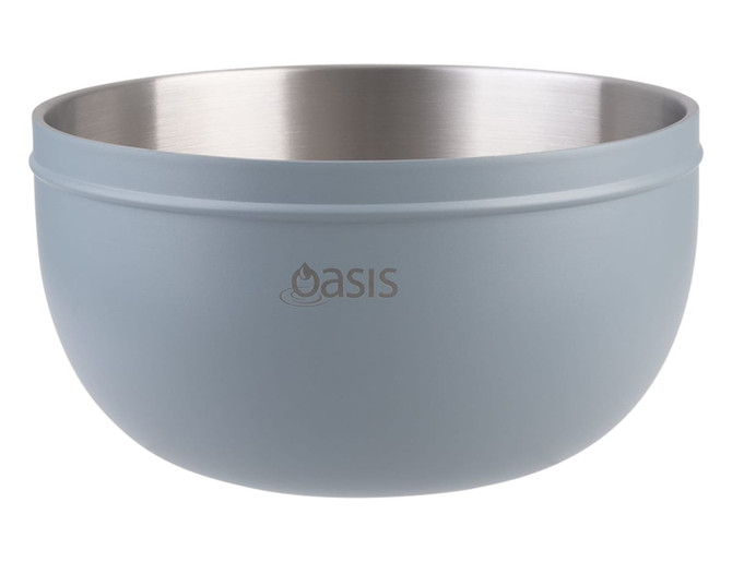 A double wall salad bowl in light blue with a stainless steel interior and a logo.