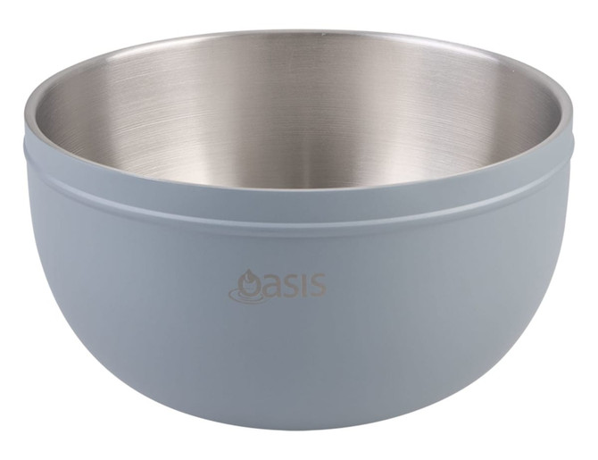 A double wall salad bowl in light blue with a stainless steel interior and an engraved logo.