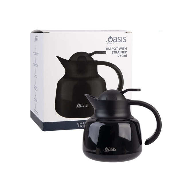 A black insulated teapot with a strainer, displaying a sleek design, alongside its packaging.