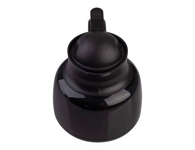 A black insulated teapot with a strainer and a secure lid, featuring a sleek, rounded design. It has a logo.