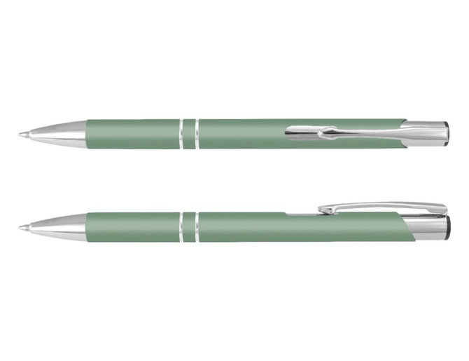 A green pen with silver accents, featuring a sleek design and a clip for easy attachment.