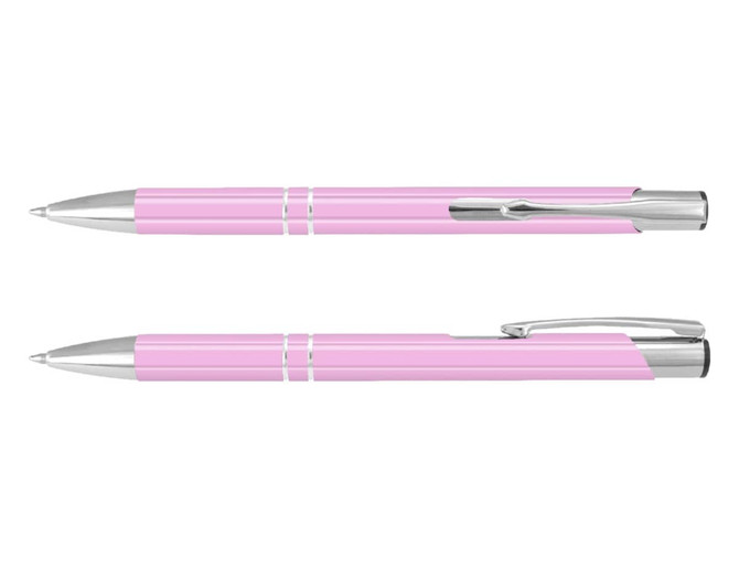 A pink lacquer pen with silver accents, featuring a sleek design and a clip for easy attachment.