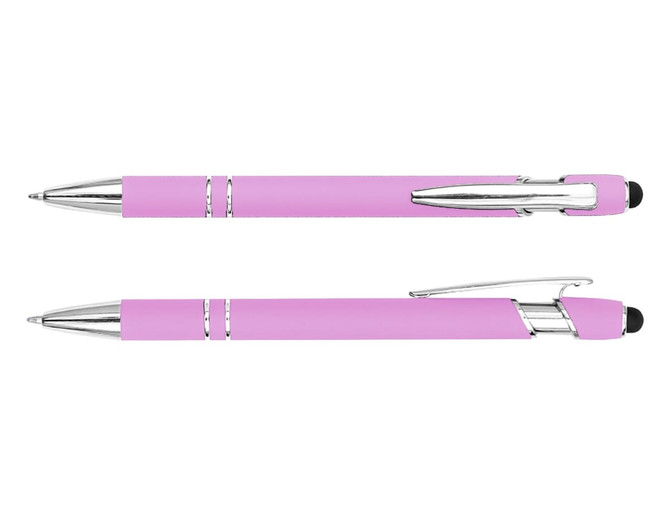 A pink stylus pen with chrome accents and a sleek design, featuring both a ballpoint and a touch tip.